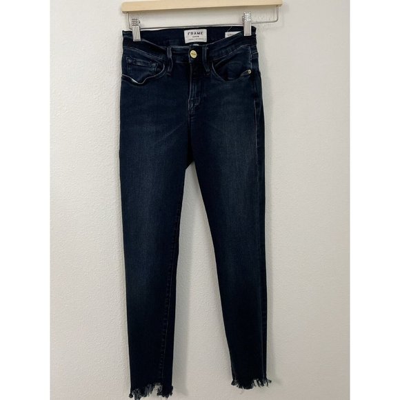 Frame Le Skinny De Jeanne Jeans Dark Blue Raw Chewed Hem Stretch Size 25 - Picture 1 of 9